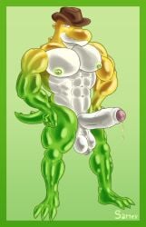 2025 abs absurd_res alligator alligatorid anthro balls big_balls big_pecs big_penis bodily_fluids candy clothing cowboy_hat crocodilian dessert digital_drawing_(artwork) digital_media_(artwork) erection food food_creature foreskin genital_fluids genitals glans glitch_productions green_body gummigoo_(tadc) gummy_(food) gummy_creature hands_on_hips hat headgear headwear hi_res huge_balls huge_pecs living_candy looking_at_viewer male multicolored_body muscular muscular_anthro muscular_arms muscular_legs muscular_male nipples nude nude_anthro nude_male pecs penis precum reptile sartex scalie signature simple_background smile smiling_at_viewer solo standing tail the_amazing_digital_circus vein veiny_penis white_body yellow_body