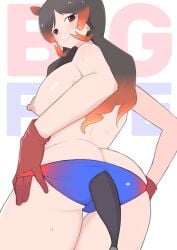 absurdres animal_ears ass back black_hair blue_panties blush brown_gloves closed_mouth clothing_cutout cowboy_shot female gloves gradient_hair highres hippopotamus_(kemono_friends) hippopotamus_ears illu_(illu_stratos) kemono_friends long_hair looking_at_viewer multicolored_hair nipples orange_eyes orange_hair panties smile solo tail tail_through_clothes topless_female underwear white_background