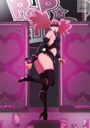 1girls ass backless_leotard bat_wings big_ass big_breasts black_gloves black_leotard black_skirt blush breasts domino_mask eyewear female female_only footwear full_body gloves hair haneyama_kazuho holding_object legwear leotard microphone my_hero_academia one_eye_closed pink_eyes pink_hair pop_step shoes short_skirt skirt smile solo solo_female superheroine thighhighs thighs twin_drills twintails vigilante:_my_hero_academia_illegals wink winking