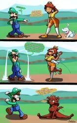 1boy 1girls absurd_res anthro big_breasts blue_eyes bodily_fluids bottomwear breasts brown_body brown_fur brown_hair canid canine canis chabble clothing collar crown crying dialogue domestic_dog duo female fur ghost green_eyes hair headgear hi_res human luigi male mammal mario_(series) nintendo orange_bottomwear orange_clothing orange_shorts outside princess_daisy shorts spandex spandex_shorts spirit tears tight_bottomwear tight_clothing tight_shorts torn_clothing transformation transformation_through_possession