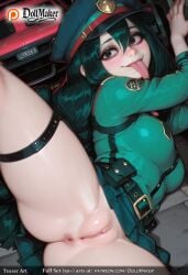 ai_generated anus ass asui_tsuyu belt black_hair blush breasts car clitoris dollmaker female flexible green_hair hair_between_eyes hat licking long_hair looking_at_viewer lying mole motor_vehicle no_panties peaked_cap pussy skirt solo spread_legs tagme thigh_strap tongue tongue_out tsuyu_asui