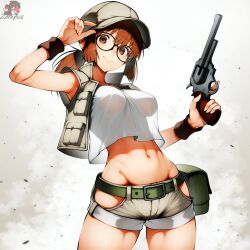 adjusting_hat ai_generated baseball_cap breast_outside breasts brown_eyes brown_hair female fio_germi glasses groin gun hip_vent holding_gun medium_breasts metal_slug midriff navel open_vest pistol ponytail revolver see-through_silhouette short_shorts shorts sleeveless solo tank_top trigger_discipline vest vest_pocket zorkpics