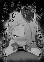 1boy 1girls :>= allied_hyakkiyako_academy_student big_penis black_and_white blowjob blue_archive blush breasts censored dark-skinned_male dark_skin detailed_background drooling eyelashes fellatio female festival_operations_department_(blue_archive) hair_over_one_eyes hat heart human indoor inside japanese_text kurotama long_hair looking_at_viewer male male_pov oral oral_sex penis pina_(blue_archive) pina_(guide)_(blue_archive) pov ribbon room saliva shiny shiny_skin sound_effects squatting sweat tongue_out vein veins veiny veiny_penis