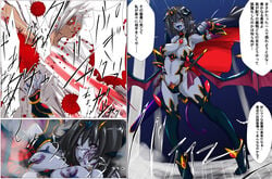 1boy beaten beating black_hair blank_eyes breasts cape cleavage defeated demon_girl demon_tail demon_wings drooling female horns kuroyago_(kuroka) large_breasts long_hair pointy_ears ryona tears text translation_request violence wings yellow_eyes