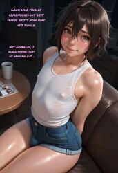 1boy ai_generated arched_back arms_behind_back bare_legs bare_shoulders brown_eyes bulge child_bearing_hips clocktopus cute cute_face cute_male dark_hair denim_shorts dialogue effeminate femboy from_above girly male male/male male_focus messy_hair night nipples_visible_through_clothing pov pov_eye_contact short_hair sissy sitting sofa talking_to_viewer text thick_thighs tight_clothing wide_hips
