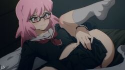 1girls black-framed_eyewear black_serafuku black_skirt blush boku_no_hero_academia closed_mouth collarbone commentary female female_masturbation fingering fingering_through_clothes fingernails glasses haneyama_kazuho highres keihh long_hair long_sleeves masturbation midriff my_hero_academia nail_polish neckerchief one_leg_up panties pink_eyes pink_hair pink_nails red_neckerchief red_panties sailor_collar school_uniform serafuku skirt socks solo thighs through_clothes underwear vigilante:_my_hero_academia_illegals vigilante_-boku_no_hero_academia:_illegals- white_sailor_collar white_socks