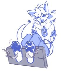 anthro arms_tied blue_pawpads bound cheek_tuft closed_eyes clothed clothing facial_tuft felid fur hair hands_behind_back hi_res male male_anthro mammal nude open_mouth open_smile pawpads rz54 rz54_(rz54) simple_background sitting smile solo tickle_torture tickling tuft white_background white_body white_fur white_hair