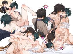 2boys anal aqua_hair arm_tattoo bar_censor black_gloves black_hair blush brown_hair brown_jacket brown_shirt censored closed_eyes completely_nude cum earrings french_kiss genshin_impact gloves gradient_hair hair_between_eyes hair_ornament highres jacket jewelry kissing lji_321 long_hair long_sleeves male_focus multicolored_hair multiple_boys multiple_views necktie nude open_clothes open_mouth open_shirt penis ponytail sex sex_from_behind shirt single_earring spread_legs tattoo testicles tongue tongue_out white_background white_necktie xiao_(genshin_impact) yaoi yellow_eyes zhongli_(genshin_impact)