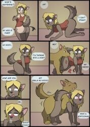 2020 absurd_res all_fours anthro ass biped black_border black_nose blonde_hair blue_eyes blush border breasts breath brown_body brown_fur busty_feral butt_expansion canid canine canis clenched_teeth closed_eyes clothed clothing colored comic dialogue digitigrade domestic_dog duo english_text expansion female feral feral_on_feral frankenjade fur grey_body grey_fur hair heart_eyes heart_symbol hi_res human_to_anthro inside kneeling looking_back_at_self looking_pleasured male male/female mammal motion_lines nude paws quadruped sex shaded sitting sitting_on_ground species_transformation speech_bubble standing teeth text tongue tongue_out torn_clothing transformation transformation_sequence
