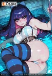 ai_generated anus ass bangs bare_shoulders blue_eyes blunt_bangs blush bow breasts colored_inner_hair dollmaker female hairbow large_breasts long_hair looking_at_viewer lying medium_breasts multicolored_hair on_back on_side panties parted_lips partially_submerged pink_hair pool pussy see-through solo stocking_(psg) striped striped_legwear tagme thighhighs thighs thong tile_floor tile_wall tiles two-tone_hair underwear water weapon wet wet_clothes