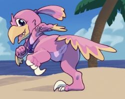 beach bikini bottomless bottomless_female clothed clothing dinosaur dromaeosaurid feathered_dinosaur feathered_scalie feathers female genitals gin_(feather_trail) palm_tree pink_body pink_feathers plant prehistoric_species pussy reptile scalie sea semi-anthro solo solo_focus swimwear theropod tree two-piece_swimsuit water