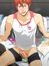 1boy blush boxer_briefs bulge cum cumdrip erection free! looking_at_viewer male_only mikoshiba_momotarou penis pubic_hair red_hair solo yellow_eyes