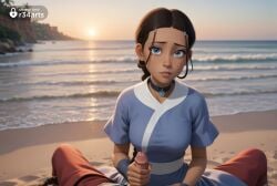 1boy 1boy1girl 1girls ai_generated artist_name avatar_legends avatar_the_last_airbender beach black_choker black_hair blue_eyes blue_shirt braid breasts brown_hair choker dark-skinned_female dark_skin erection handjob hi_res jewelry katara lips long_hair looking_at_viewer medium_breasts nickelodeon nicktoons ocean outdoors pants parted_lips penis pov r34arts red_pants sand shirt short_sleeves solo_focus straight uncensored water