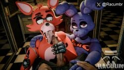 3d_(artwork) animatronic bodily_fluids bonnie_(fnaf) canid canine cum cum_in_mouth cum_inside cum_on_muzzle cum_on_tongue digital_media_(artwork) five_nights_at_freddy's fox foxy_(fnaf) genital_fluids genitals group hand_holding handjob hi_res hook hook_hand human lagomorph leporid looking_at_genitalia looking_at_penis looking_at_viewer looking_pleasured machine male male/male mammal penile penis rabbit racumbr robot scottgames sex tongue tongue_out trio