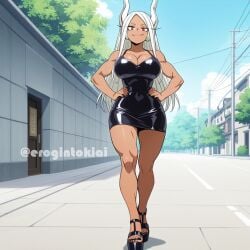 ai_assisted big_breasts black_dress brown_skin brown_skinned_female brunette dark-skinned_female dark_skin erogintokiai fit_female high_heels huge_breasts latex_clothing latex_suit mirko muscular_female platform_heels rabbit_ears rumi_usagiyama shiny_body shiny_clothes smile smug_face standing tagme thick_ass thick_legs walking