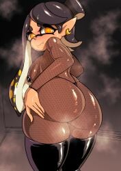 1girls ass black_thighhighs bodysuit breasts callie_(splatoon) earrings female fishnet_bodysuit fishnets large_ass large_breasts long_hair mole mole_under_eye nintendo pasties pointy_ears ryufey splatoon tentacle_hair thighhighs