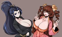 2girls blue_eyes blue_hair breasts brown_hair chinese_clothes cleavage double_v dress female female_only flower_hair_ornament heart-shaped_pupils huge_breasts light-skinned_female light_skin limbus_company lin_daiyu long_hair looking_at_viewer navel_visible_through_clothes neutral_expression oni_(26153732) open_mouth peace_sign ponytail project_moon red_eyes robe simple_background skindentation smile solo symbol-shaped_pupils tied_hair twin_drills twintails v xue_baochai