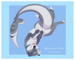 absurd_res after_transformation bodily_fluids canid canine canis collar colored digital_drawing_(artwork) digital_media_(artwork) domestic_dog female feral feral_transformation fish fur genital_fluids genitals hair hi_res human_to_feral hybrid looking_at_viewer mammal marine momomichi_nsfw nipples nude presenting pussy shaded shark simple_background solo species_transformation tail tongue transformation transformative_collar watermark