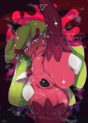anthro big_ass big_butt body_stickers green_hair heart-shaped_pupils hearts holding_thigh leg_raise leg_up mouth_covered nintendo pink_body plant plant_girl plant_humanoid pokémon_(species) pokemon pokemon_(species) skullysrealm small_breasts sticker tagme thick_thighs tsareena white_body