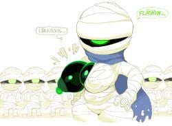 1girls 2025 6boys bandage big_breasts blush breasts breasts_out dialogue erection female goatboydraws green_eyes group hands_on_hips hi_res humanoid male nuclear_throne oblivious rebel_(nuclear_throne) scarf see-through see-through_clothing standing thick_thighs thighs unaware wardrobe_malfunction