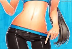 2025 ai_generated artist_name breasts clothes_pull crazyfishbones female head_out_of_frame long_hair navel panties pantyhose solo underwear wii_fit_trainer_(female)