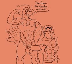 abs absurd_res anthro avian big_penis body_hair chest_hair conan_the_adventurer conan_the_barbarian digital_media_(artwork) digital_sketch duo erection erection_under_loincloth european_mythology fiery_hair flexing genitals greek_mythology hair hi_res huge_cock human line_art long_hair looking_at_genitalia looking_at_penis male male/male mammal muscular muscular_anthro muscular_male mythological_avian mythological_bird mythological_creature mythological_firebird mythology needle_(conan_the_adventurer) nipples non-mammal_nipples nude orange_background pecs penis penis_envy phoenix presenting pubes simple_background smug speech_bubble spiffygreen