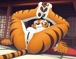 4_fingers ai_generated anus areola ass black_inner_pussy black_pussy breasts claws countershading feet felid female fingers fur genitals hi_res inside legs_up looking_at_viewer looking_through looking_through_legs lying mammal markings master_tigress nipples nude nude_female on_back orange_body orange_fur pantherine pawpads paws pose presenting presenting_anus presenting_hindquarters presenting_pussy pussy red_eyes soles solo spread_legs spreading striped_body striped_fur stripes suprise tail teeth tiger toe_claws toes white_body white_fur yellow_sclera