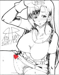 1futa bare_shoulders blush breasts bulge censored cleavage erect_nipples final_fantasy final_fantasy_vii futa_only futanari human intersex large_breasts long_hair monochrome parted_lips penis red-rum solo solo_futa sweat tifa_lockhart