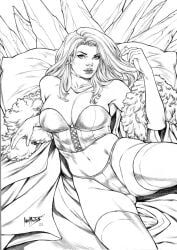 black_and_white breasts cameltoe emma_frost hellfire_club large_breasts leo_matos lingerie marvel marvel_comics pinup thick_thighs thong white_queen x-men