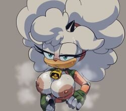 1girls anger_symbol animal_ears animal_nose anthro belt big_areola big_hair big_nipples blue_eyes blue_sclera bodysuit boots breasts breasts_out closed_mouth clothing coolerinker cosplay eyeshadow female fur furry furry_female gloves goggles goggles_on_head hair hand_on_hip handwear horns huge_breasts inker_comics inker_coomics inkershike lanolin_the_sheep large_breasts long_hair looking_at_viewer makeup mammal navel no_bra orange_bodysuit shiny_clothes simple_background smile solo sonic_(series) sonic_the_hedgehog_(comics) sonic_the_hedgehog_(idw) sonic_the_hedgehog_(series) standing unzipped unzipped_bodysuit unzipping white_background white_hair wool_(fur)