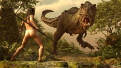 1girls 3d ass beach breasts brown_hair completely_nude completely_nude_female dinosaur female jayyboww jungle_girl long_hair naked_female nipples nonsexual_nudity nude_female primitive river sonja_the_jungle_girl spear tribal