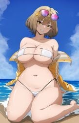 absurdres anis_(nikke) anis_(sparkling_summer)_(nikke) beach bikini breasts brown_hair daydarion eyepatch_bikini eyewear_on_head female goddess_of_victory:_nikke grin hair_ornament highres jacket large_breasts looking_at_viewer navel ocean open_clothes open_jacket outdoors short_hair side-tie_bikini_bottom sky smile solo stomach sunglasses swimsuit thighs white_bikini yellow_jacket