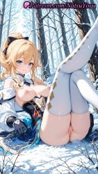 1girls 2025 ai_generated anime anime_style ass bangs bare_shoulders black_gloves blonde_hair blue_eyes blush bow breasts detached_collar detached_sleeves female genshin_impact gloves hairbow hi_res high_quality high_resolution highres hoyoverse jean_gunnhildr jean_gunnhildr_(sea_breeze_dandelion) long_hair looking_at_viewer mihoyo mihoyo_technology_(shanghai)_co._ltd. natsuyoru nipples outdoors patreon ponytail pussy sidelocks sitting smile snow solo stable_diffusion sweat thighhighs thighs tree uncensored vagina voluptuous voluptuous_female white_thighhighs