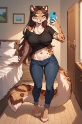 ai_generated among_us big_breasts brown_body brown_eyes brown_fur brown_hair elizabeth_mendoza felid feline female furry furry_female heart_symbol jeans leopard long_hair phone seductive selfie snow_leopard tail