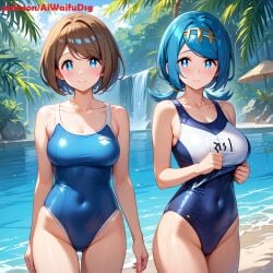 2girls ai_generated aiwaifudesings blue_eyes blue_hair blush brown_hair female lake lana's_mother_(pokemon) medium_breasts pokemon school_swimsuit smile standing waterfall