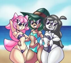 3girls big_breasts breasts cleavage disney doll drwahee female knick_knack large_hips long_hair narrow_waist permanent_smile pixar smiling sunglasses sunnification sunny_miami sunny_persona swimsuit thin_waist tinted_eyewear transformation water wide_hips