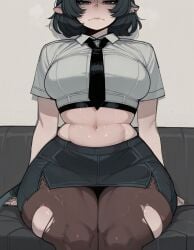 1girls ai_generated alternate_body_type amaimuse animal_ears ass belly breasts curvaceous curvy curvy_figure embarrassed female female_focus female_only green_eyes hair hips_wider_than_shoulders jane_doe_(zenless_zone_zero) legs legs_together looking_down medium_breasts midriff navel necktie nervous pantyhose pencil_skirt ripped_clothing ripped_pantyhose shirt short_hair sitting skindentation skirt sofa solo solo_female solo_focus stockings stomach tail thick_thighs voluptuous voluptuous_female wavy_mouth wide_hips zenless_zone_zero