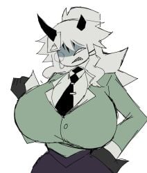 1female 1girls angry angry_face big_breasts breasts_bigger_than_head female female_only fundamental_paper_education hand_on_hip horns looking_at_viewer miss_grace_(fundamental_paper_education) momiji_(artist) paper simple_background