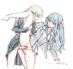 2girls bang_dream! bang_dream!_it's_mygo!!!!! blue_hair blue_shirt blue_skirt bottomless chinese_commentary commentary_request dress_shirt female_pubic_hair futa_with_female futanari green_hair grey_jacket haneoka_school_uniform jacket long_hair long_sleeves mixed-language_commentary multiple_girls partial_commentary penis pleated_skirt pubic_hair qm_dvn school_uniform sex shirt sidelocks simple_background skirt standing standing_on_one_leg sweat togawa_sakiko tsukinomori_school_uniform wakaba_mutsumi white_background white_shirt