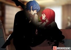 artist_name blue_hair blush censored hair_between_eyes highres implied_sex kinkymation kirijou_mitsuru long_hair looking_at_another makoto_yuki mitsuru_kirijo on_table persona persona_3 persona_3_reload red_hair sex signature table