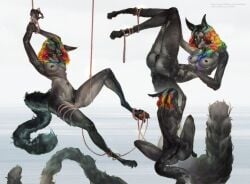 anthro arms_above_head arms_tied ass black_body black_fur bound breasts canid canine female fur genitals grey_body grey_fur hair hi_res legs_tied ls0tapok mammal multicolored_hair nipples nude nude_anthro nude_female presenting pussy rainbow_hair rear_view rope simple_background slim slim_anthro slim_female small_waist solo white_background