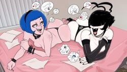 2girls armwear ass ass_to_ass asses_touching average_breasts bangs beauty_mark beauty_mark_on_ass big_ass big_butt black_fingernails black_hair black_lipstick black_nails blue_hair bracelet breast_press breasts ceci_escribano_(hellonearthiii) choker covered_eyes dark_hair dat_ass dialogue dialogue_bubble fangs fat_ass female female_focus female_only fingerless_gloves fingernails freckles freckles_on_ass freckles_on_face freckles_on_shoulders goth goth_(hellonearthiii) goth_girl gothic green_eyes hair_covering_eye hellonearthiii highres huge_ass huge_butt large_ass large_butt light-skinned light-skinned_female light_skin lipstick lying lying_on_bed lying_on_stomach medium_boobs medium_breasts mole mole_above_mouth mole_on_ass multiple_girls nail_polish naked naked_female neckwear notebook nude open_mouth pale-skin pale-skinned_female pale_body pale_skin panties panties_only penis penis_size_comparison petite_breasts petite_tits piercing pressing_asses_together skull_panties small_boobs small_breasts small_tits socks spiked_bracelet squeezing_breast talking_about_penis_size talking_to_another teeth_showing thick_ass thick_butt thong tongue_out tongue_piercing topless topless_female touching_ass white_skin