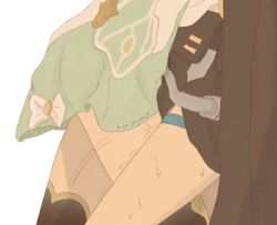 2girls artist_name belt black_coat black_skirt black_thighhighs bow coat dress english_commentary firefly_(honkai:_star_rail) futa_with_female futanari green_dress grey_belt honkai:_star_rail honkai_(series) korshokor multiple_girls open_clothes open_coat penis simple_background skirt standing stelle_(honkai:_star_rail) sweat thigh_focus thigh_strap thighhighs thighs trailblazer_(honkai:_star_rail) two-tone_dress white_background white_bow white_dress