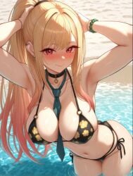 1girls ai_generated beach bikini blonde_hair clothing day female female_focus female_only kitagawa_marin looking_at_viewer solo_female sono_bisque_doll_wa_koi_wo_suru tied_hair water