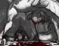 abuse animal_genitalia anthro avian balls begging_for_mercy big_balls blood blood_from_ass blood_in_ass blood_on_face blood_on_fur blood_on_hand blood_on_penis blood_splatter bodily_fluids canid canine_genitalia claws collar dripping_blood duo fur genitals gore imminent_rape imminent_sex male male/male mammal nosebleed paws sarin_(saerro) scared spottyjaguar xjal