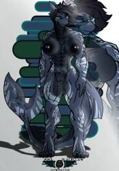 a_man_in_a_beasts_world abs anthro big_breasts black_sclera blue_eyes breasts claws facial_scar female fish genitals hair hi_res looking_at_viewer marine mika_blackclaw_(ghilliecamo) military muscular nipples no_fur nude pussy scar shark simple_background soldier solo tail text usershaden-07reads warrior