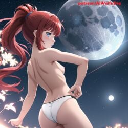 ai_generated aiwaifudesings ass blue_eyes blush female flat_chest flower looking_at_viewer moon moonlight outdoors panties ponytail red_hair sad samantha_(aiwaifudesings) shy skinny solo topless white_panties