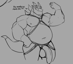 accessory anthro balls big_balls chibsarts chiderg cock_ring dragon english_text flaccid flexing flexing_bicep foreskin genitals harness horn jewelry leather leather_harness looking_at_viewer male male_focus male_only musclegut muscular mythological_creature mythological_scalie mythology navel nipples overweight overweight_male pecs penis penis_accessory penis_jewelry scalie smile smirk solo text