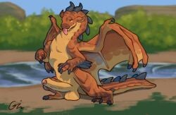 balls black_claws claws clay_(wof) dragon feral foreskin genitals gin_(feather_trail) humanoid_genitalia humanoid_penis male membrane_(anatomy) membranous_wings mudwing mythological_creature mythological_scalie mythology orange_body orange_scales penis river scales scalie solo_focus tongue tongue_out wings wings_of_fire