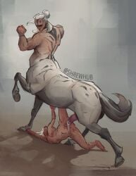 centaur centaur_male centaur_on_humanoid dripping_cum female female_human horsecock long_hair male male_penetrating nonhuman_male_on_human_female on_the_ground shrewhub tattoo tattoo_on_back taur
